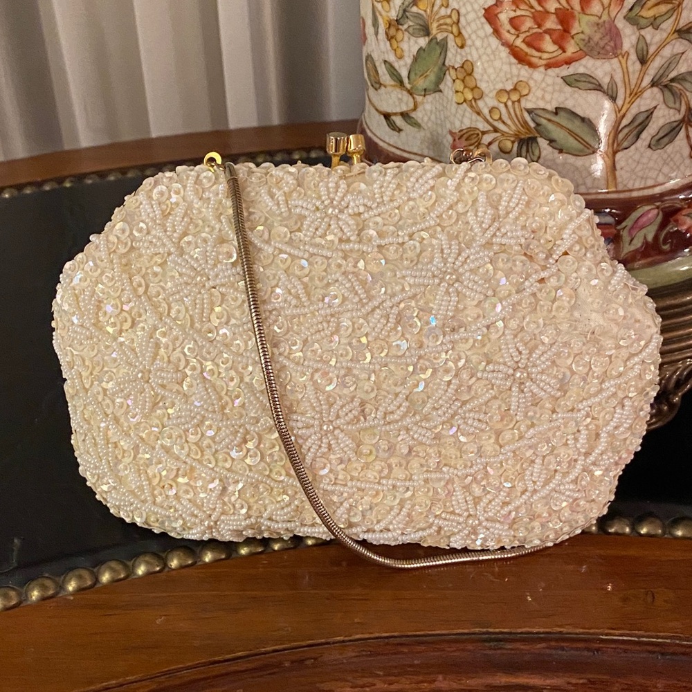 Handmade Ivory Beaded Sequins Aurora Borealis Evening Bag with Change Purse Set - Picture 4 of 13